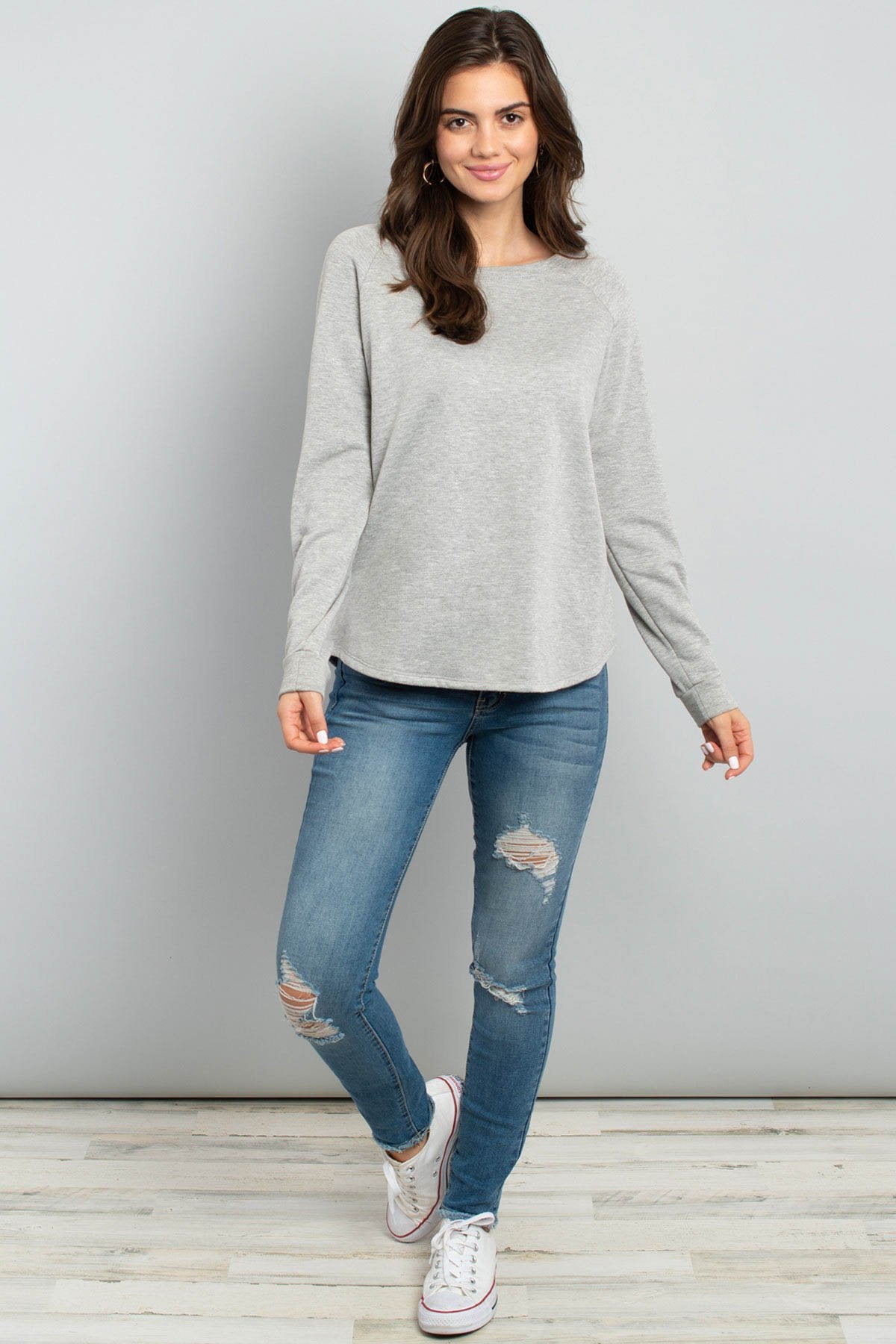 Solid French Terry Brushed Back Round Neck Long Sleeved Top