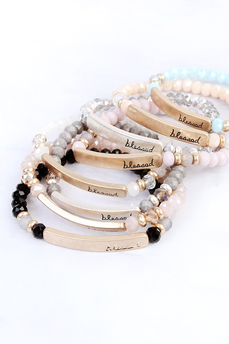 83399 - "BLESSED" 6mm GLASS STRETCH BRACELETS