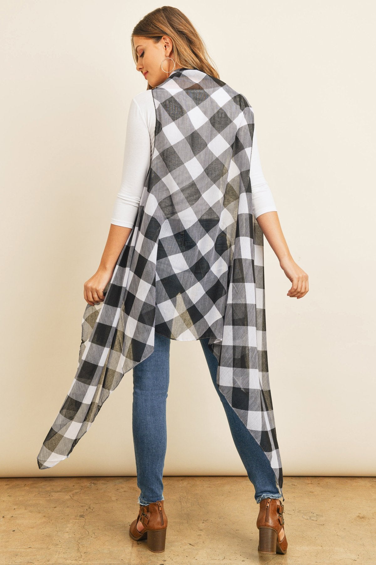 Hdf2567bk - Black Plaid Knee Length Kimono Cardigan