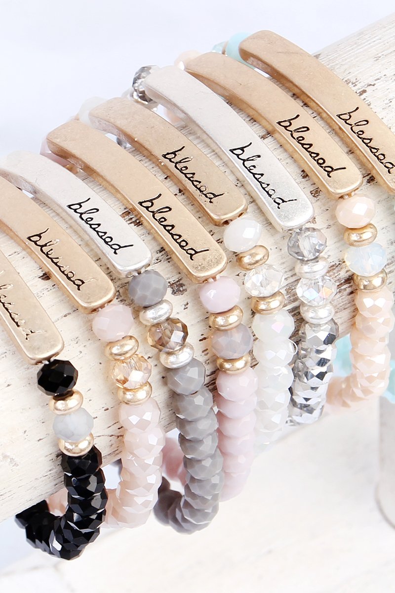 83399 - "BLESSED" 6mm GLASS STRETCH BRACELETS