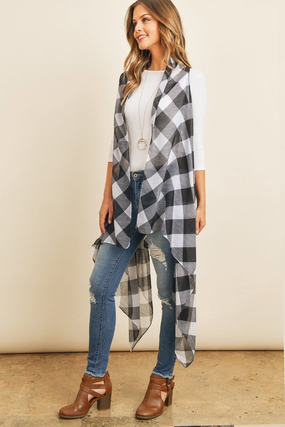 Hdf2567bk - Black Plaid Knee Length Kimono Cardigan