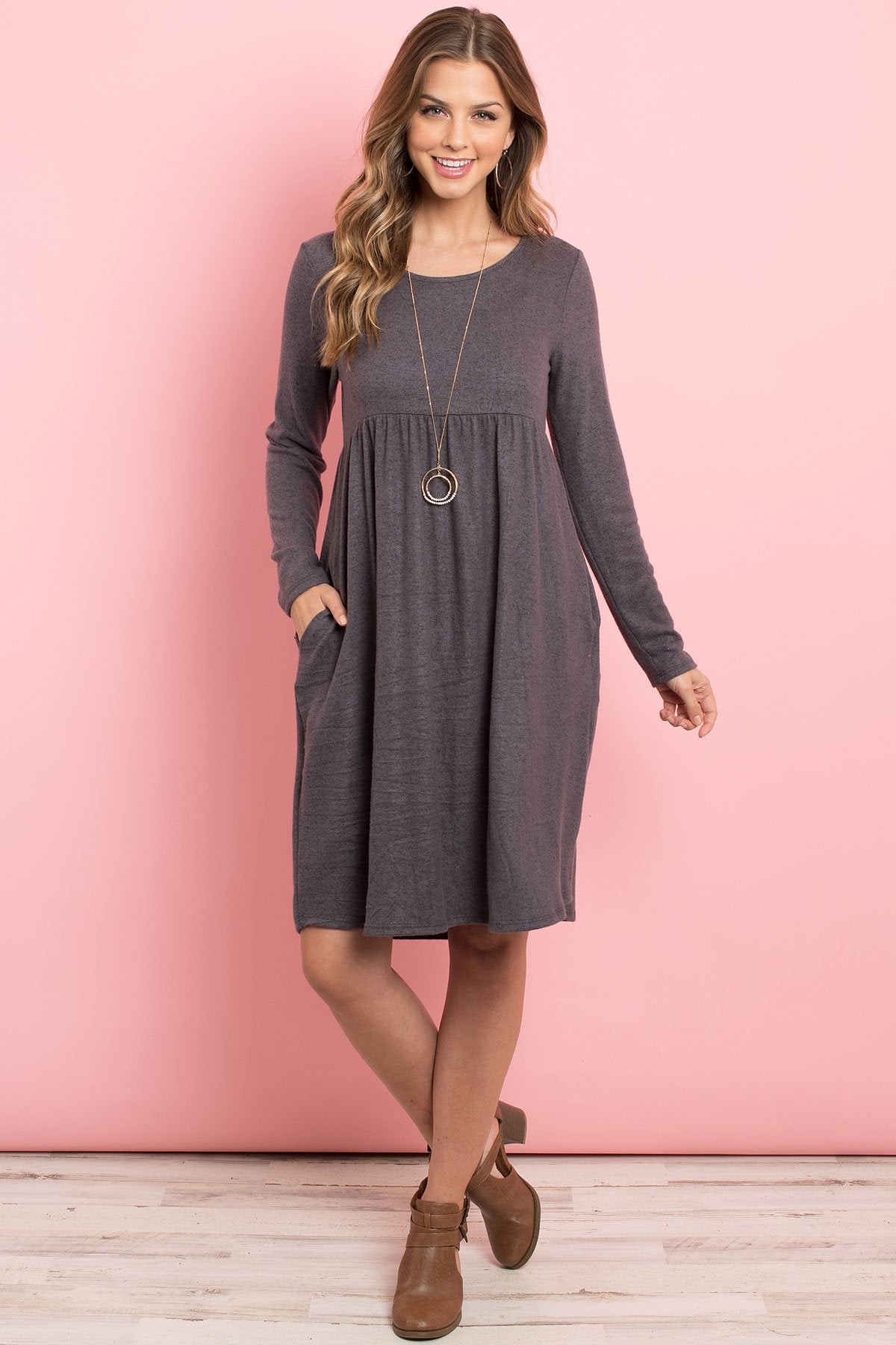 Boat Neck Brushed Hacci Round Hem Dress