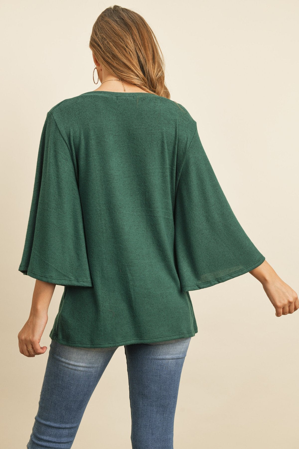 Boat Neck Bell Sleeve Solid Hacci Brushed Top