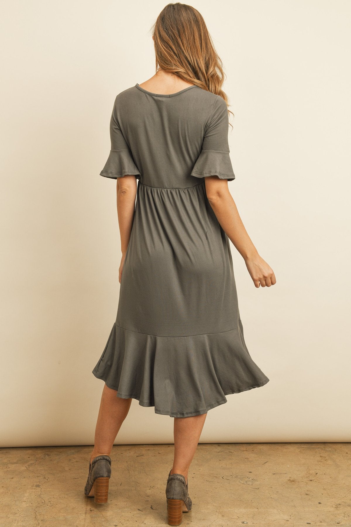 Solid Cinch Waist Ruffle Dress