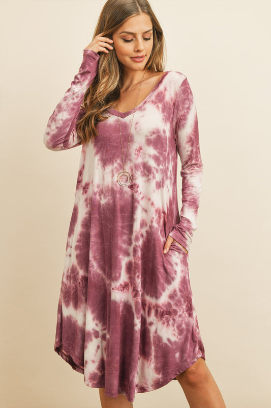 Tie Dye V-Neck Rounded Hem Midi Dress