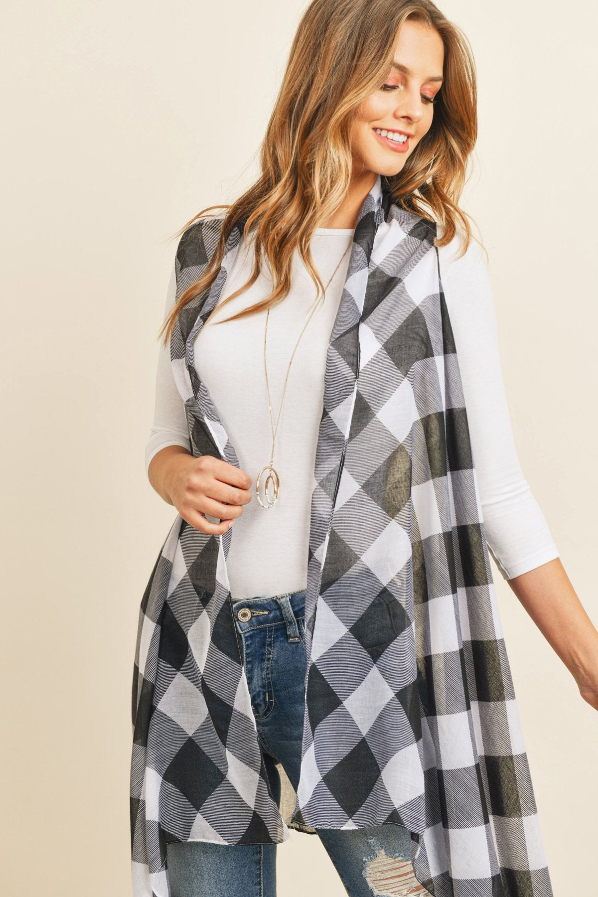 Hdf2567bk - Black Plaid Knee Length Kimono Cardigan