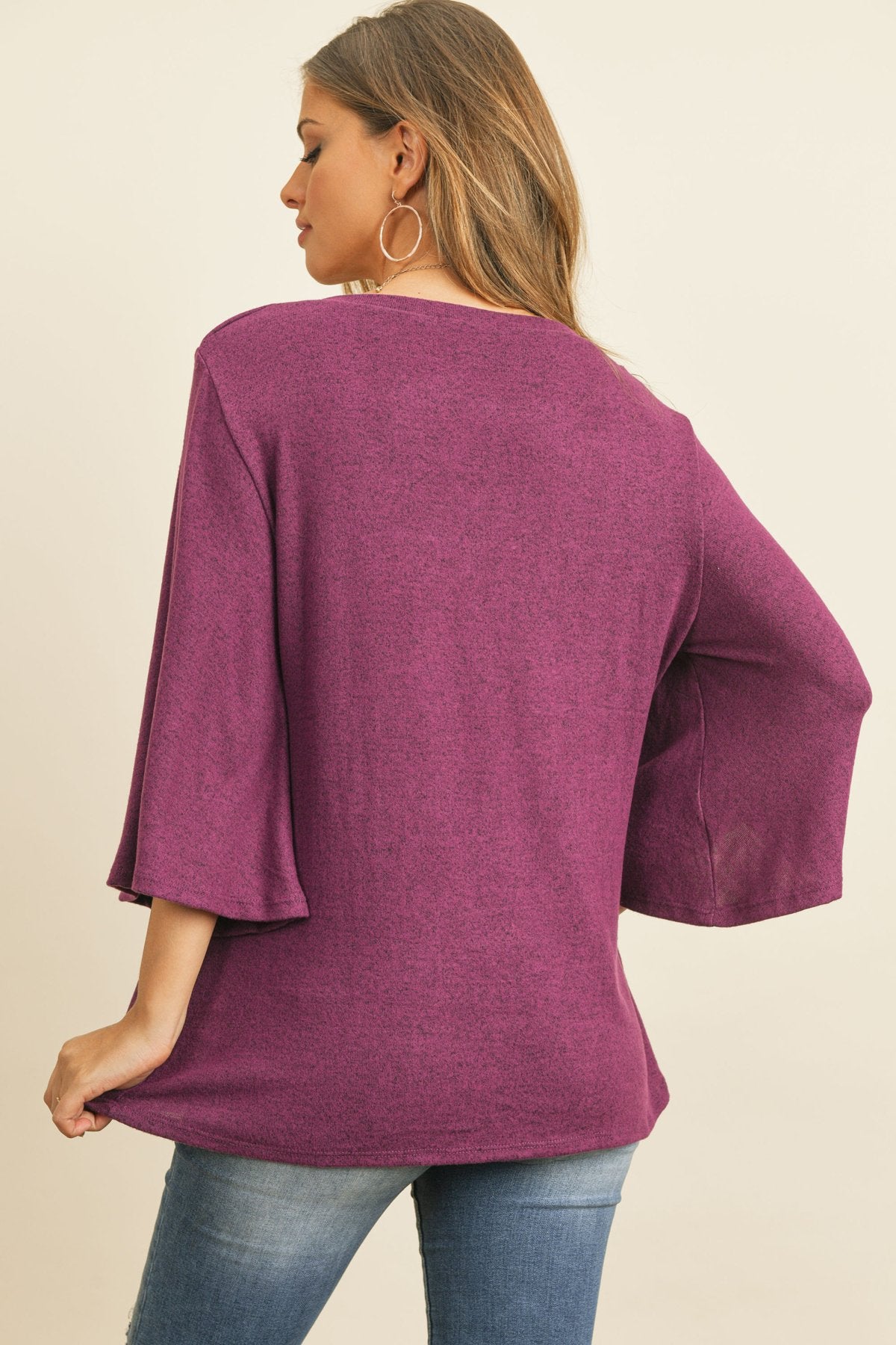 Boat Neck Bell Sleeve Solid Hacci Brushed Top