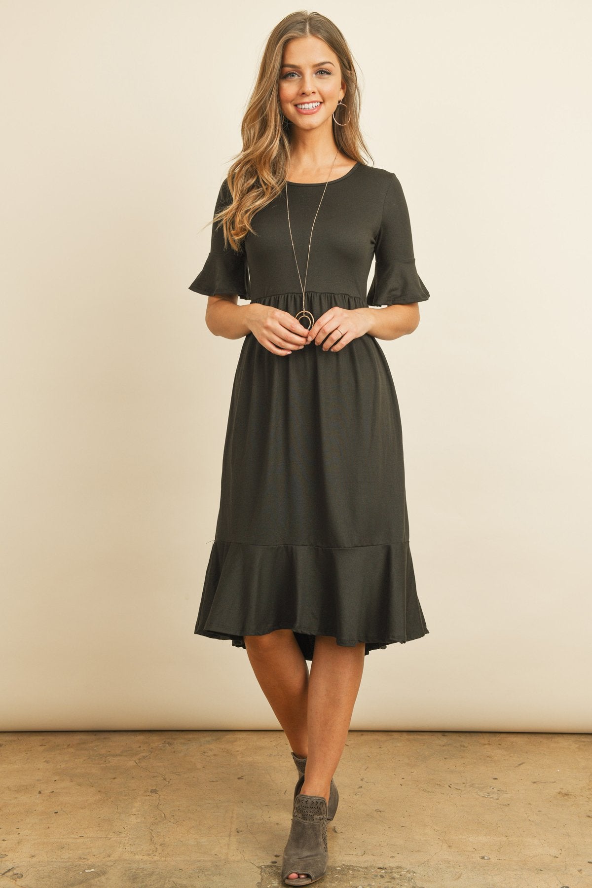 Solid Cinch Waist Ruffle Dress