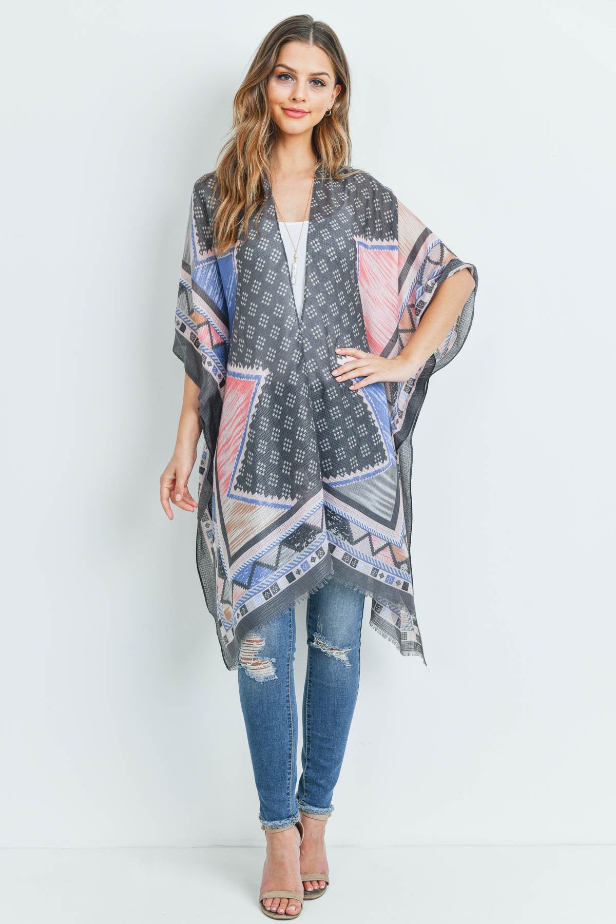 Hdf3161 - Chevron Pattern Printed Kimono