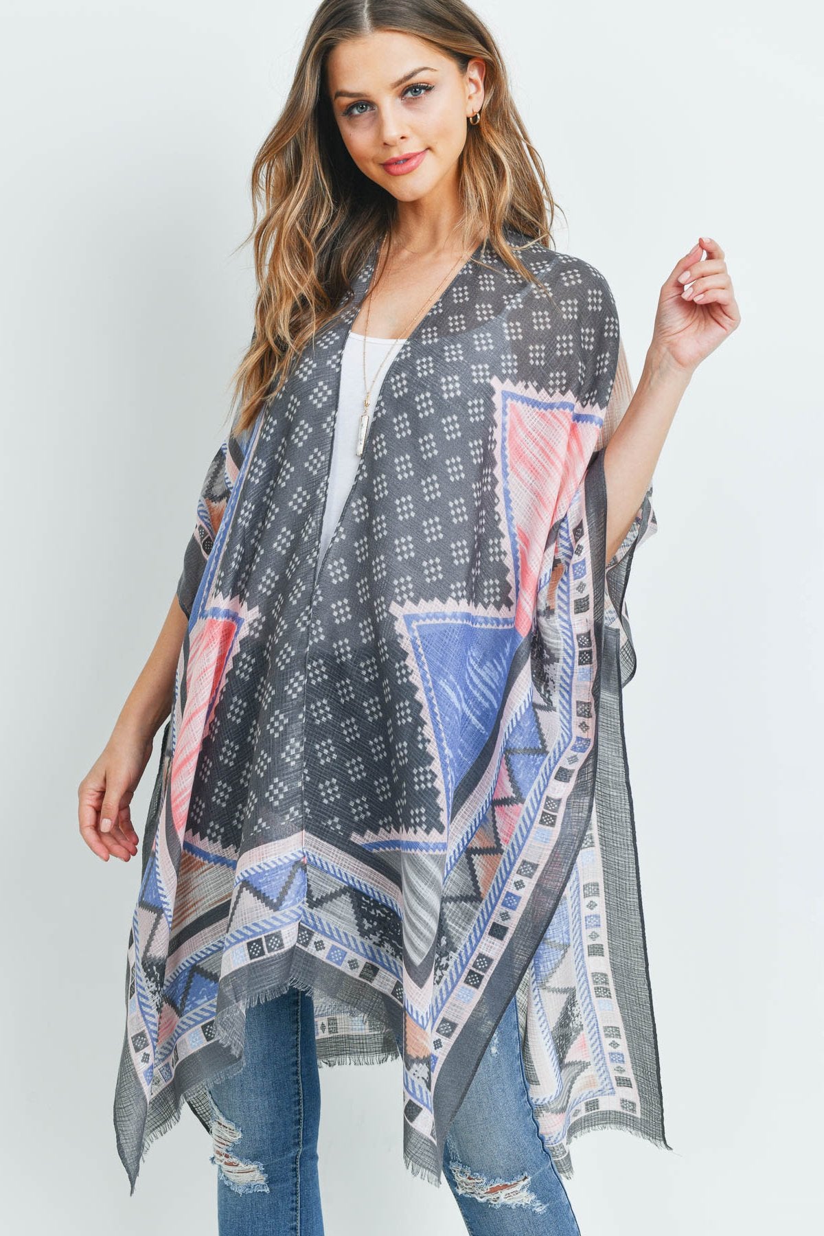 Hdf3161 - Chevron Pattern Printed Kimono