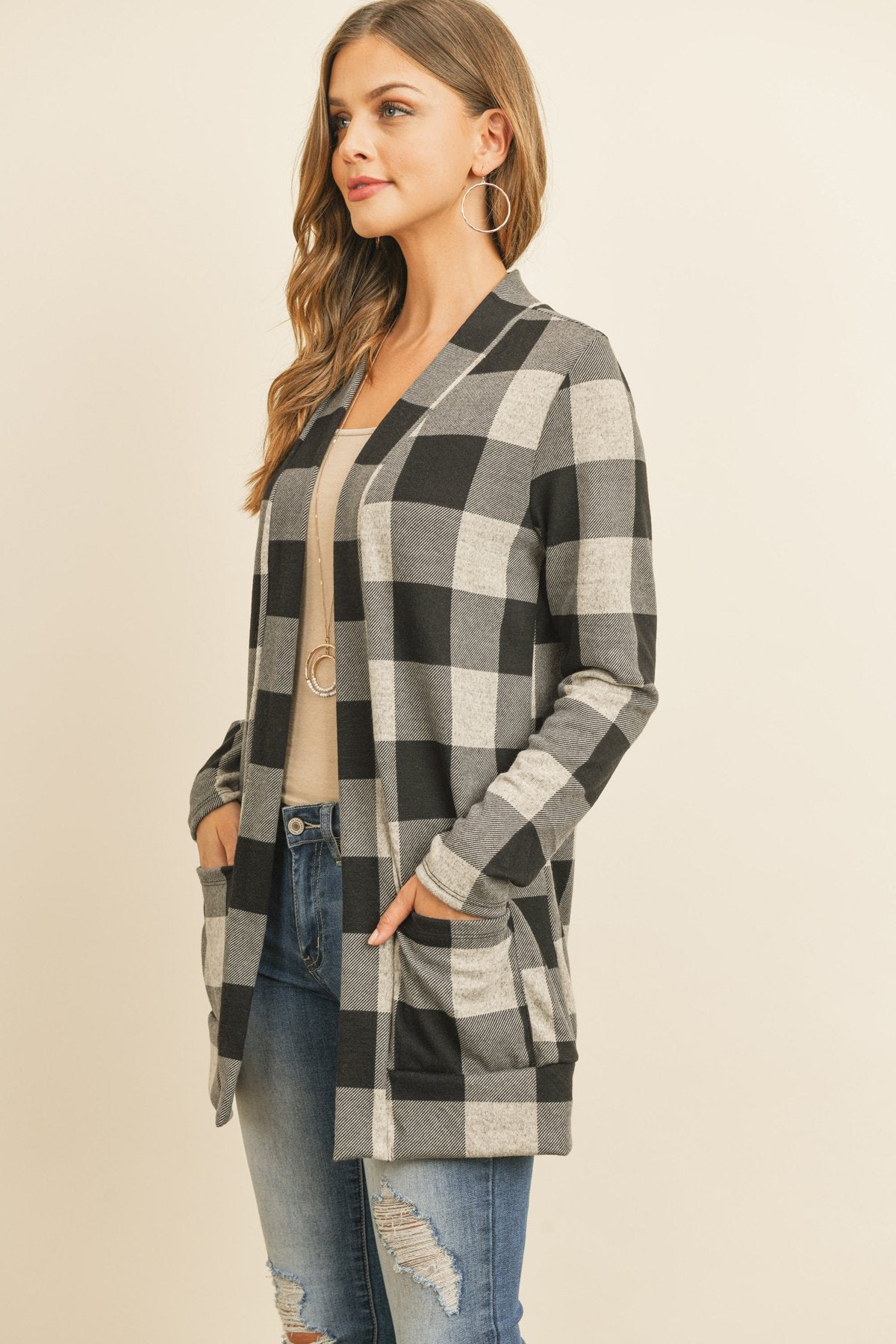 Plaid Long Sleeved Front Pocket Open Cardigan