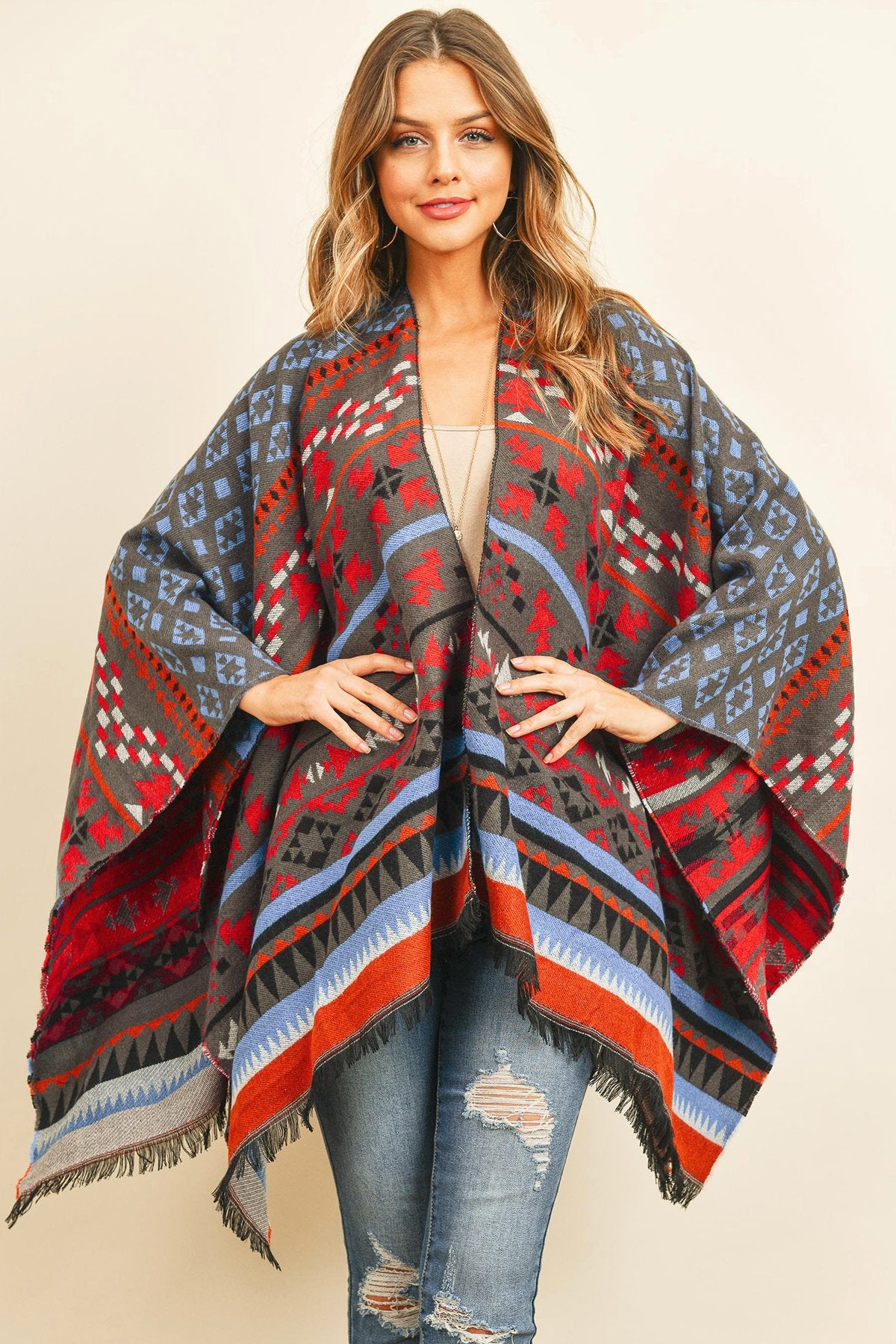 Hdf3148 - Native Pattern Open Front Kimono