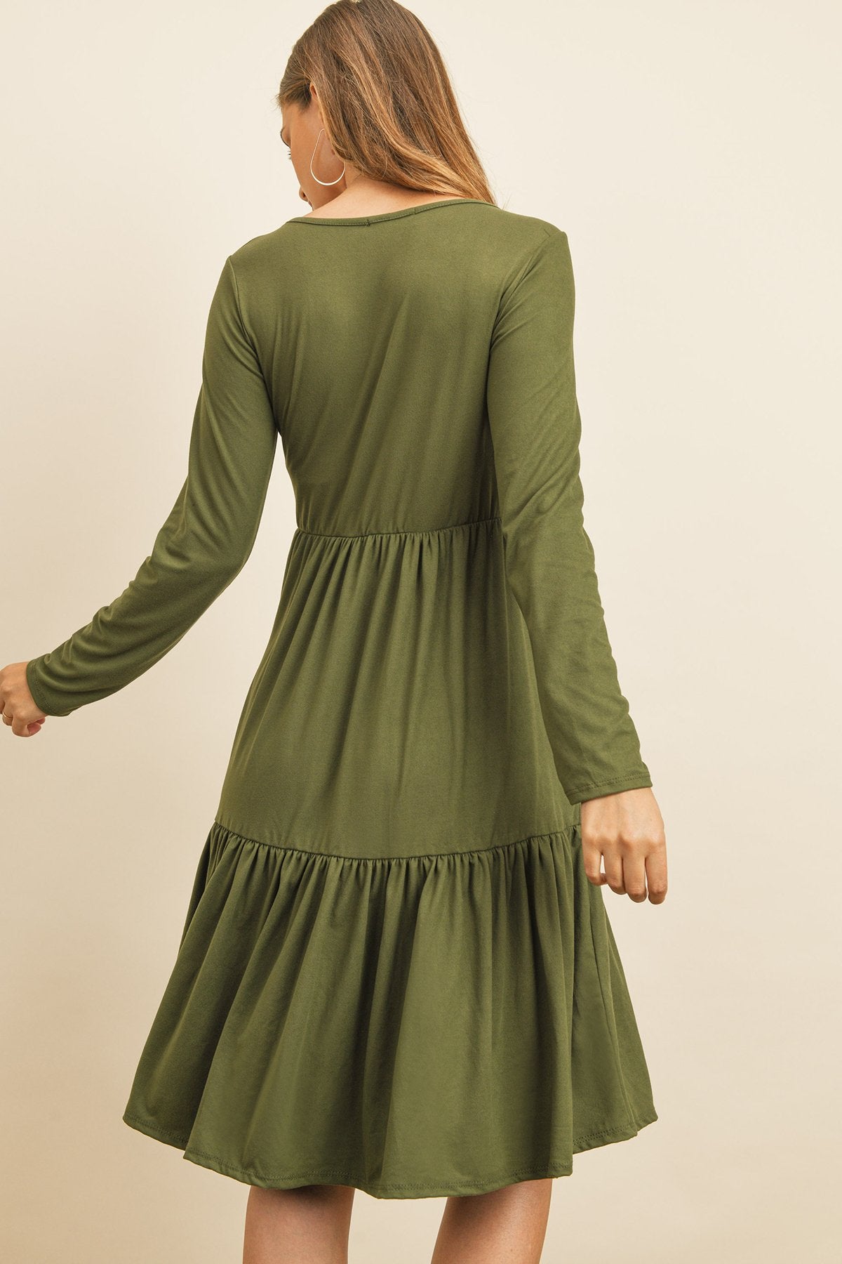 Solid Long Sleeve Double Layered Ruffle Dress