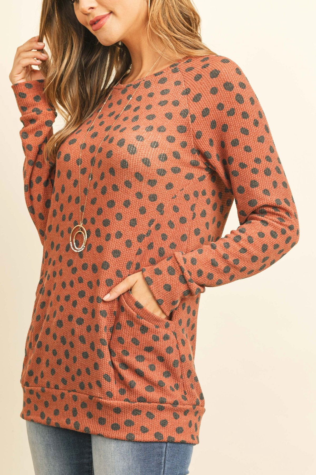 Animal Print Rib Detail Long Sleeved Pocket Top