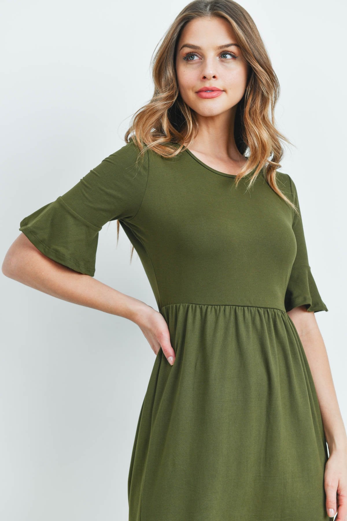 Solid Cinch Waist Ruffle Dress