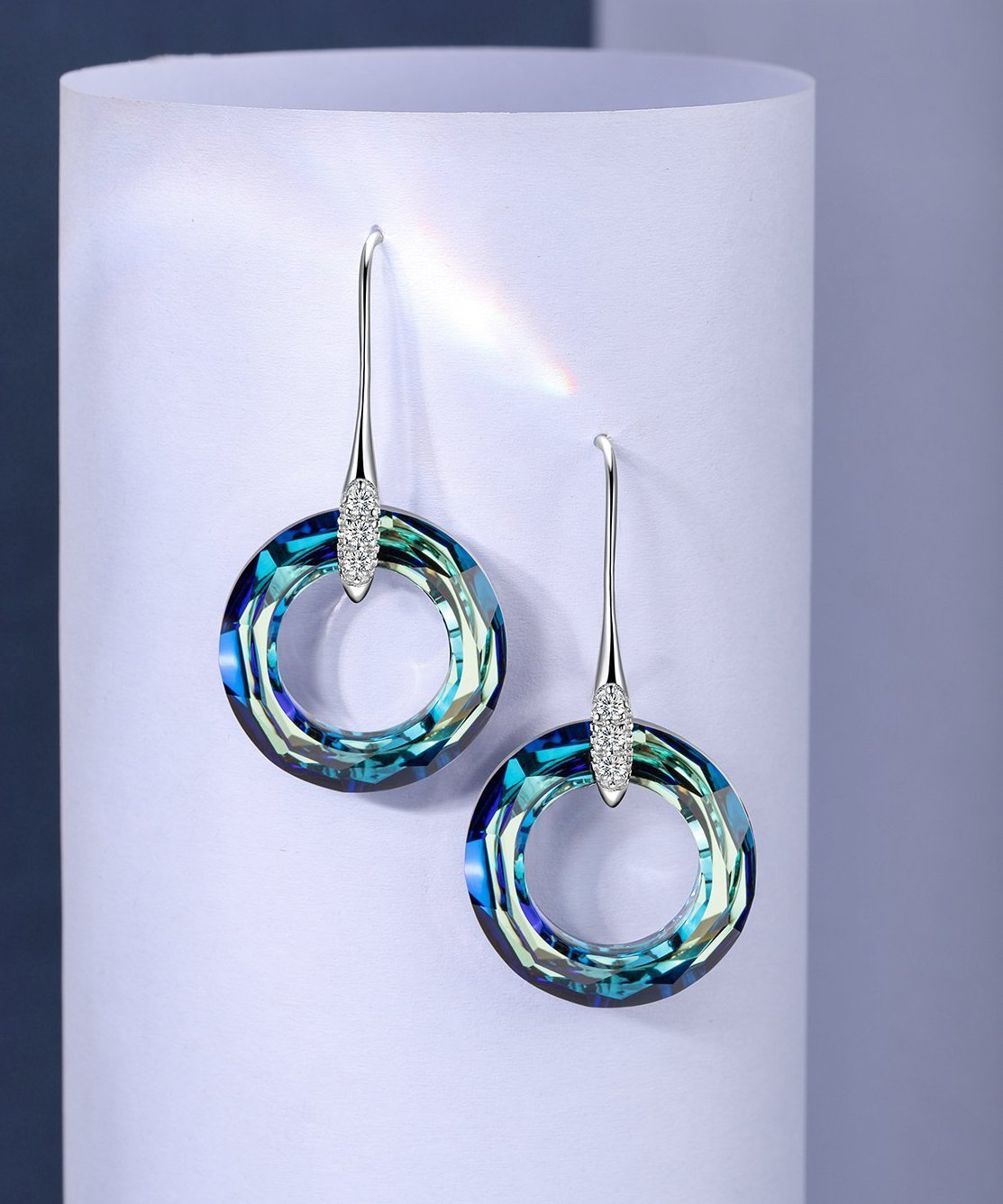 Enlightening Dangle Earrings With Austrian Crystals - Bermuda Blue in 18K White Gold Plated