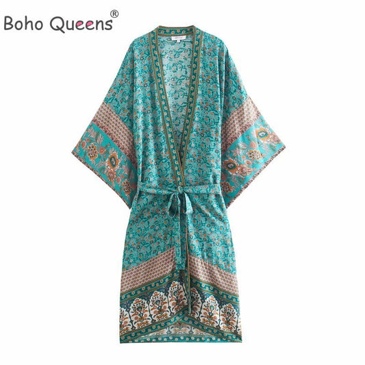 Boho Queens Women Floral Print Bat Sleeve Beach Bohemian Kimono Dresses Robe Ladies v Neck Tassel Summer  Bikini Cover-Up