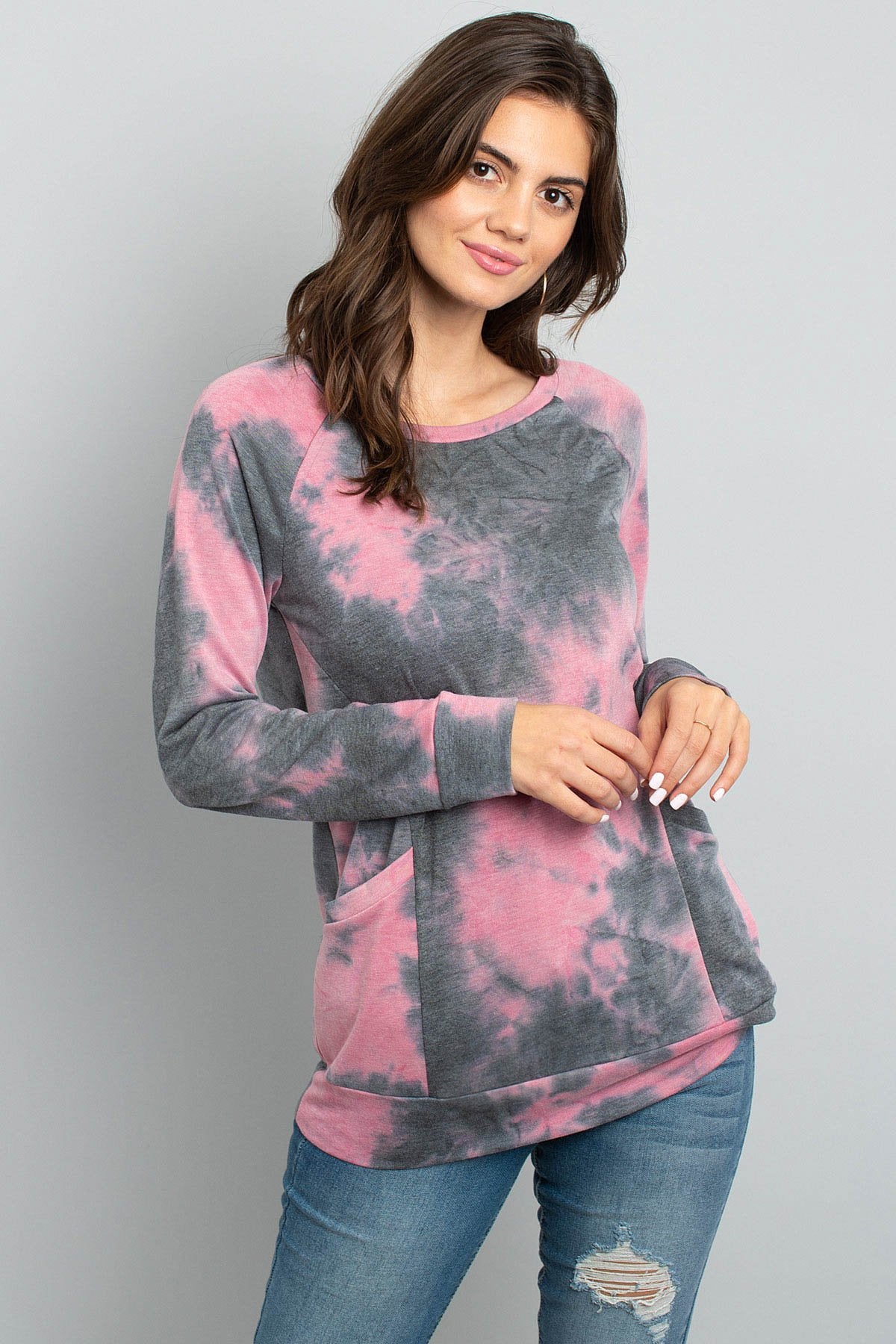 Tie Dye Long Sleeve Top With Kangaroo Pocket