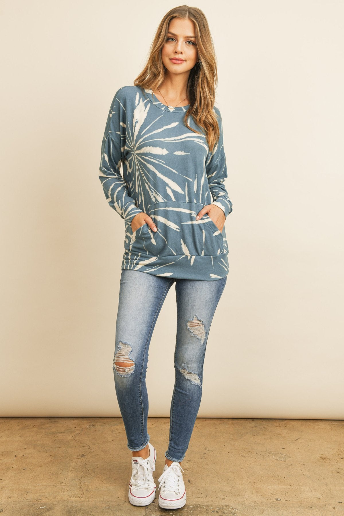 Kangaroo Pocket Tie Dye Long Sleeve Top