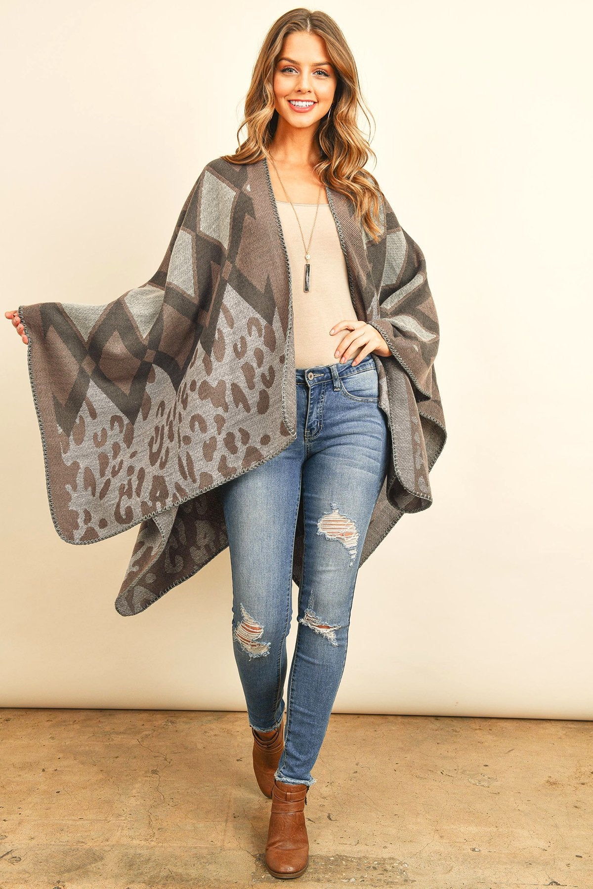 Hdf3142-Chevron Leopard Open Front Kimono