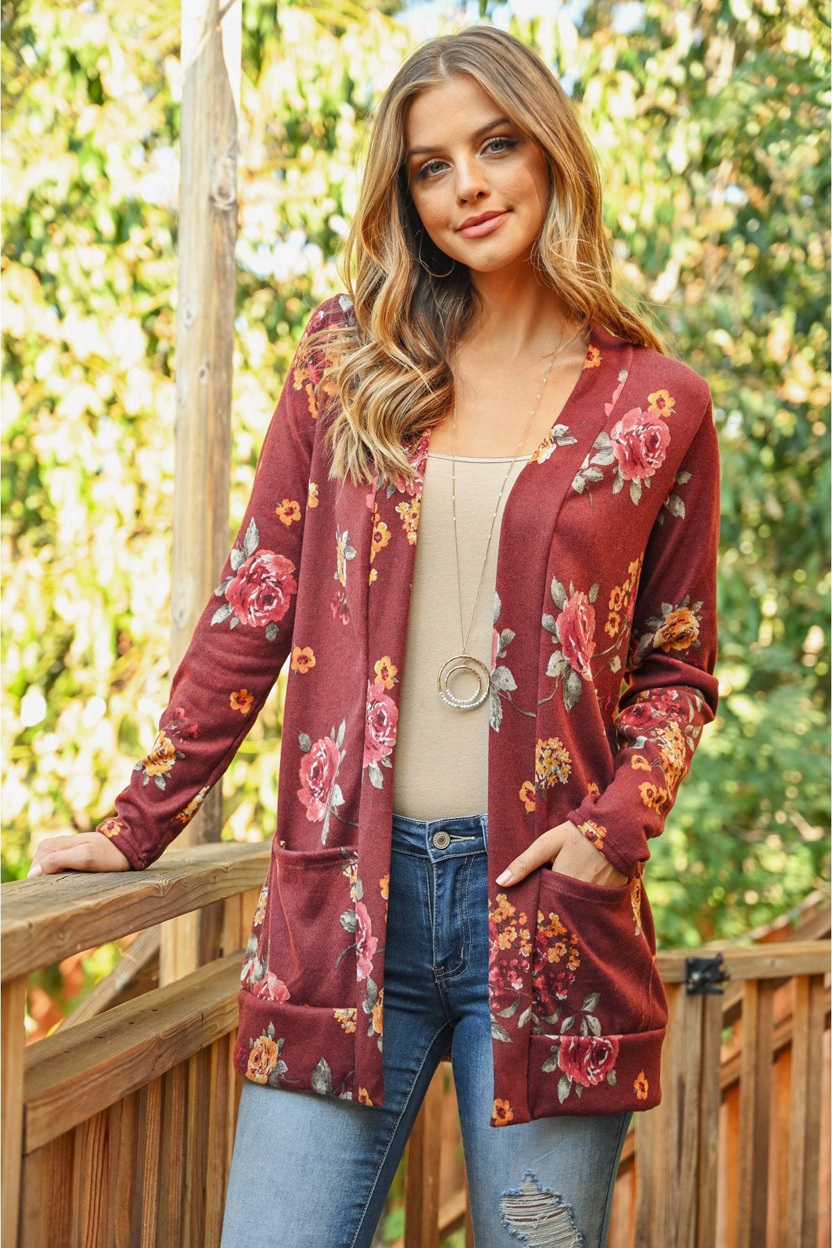 Floral Print Brushed Hacci Cardigan With Pockets