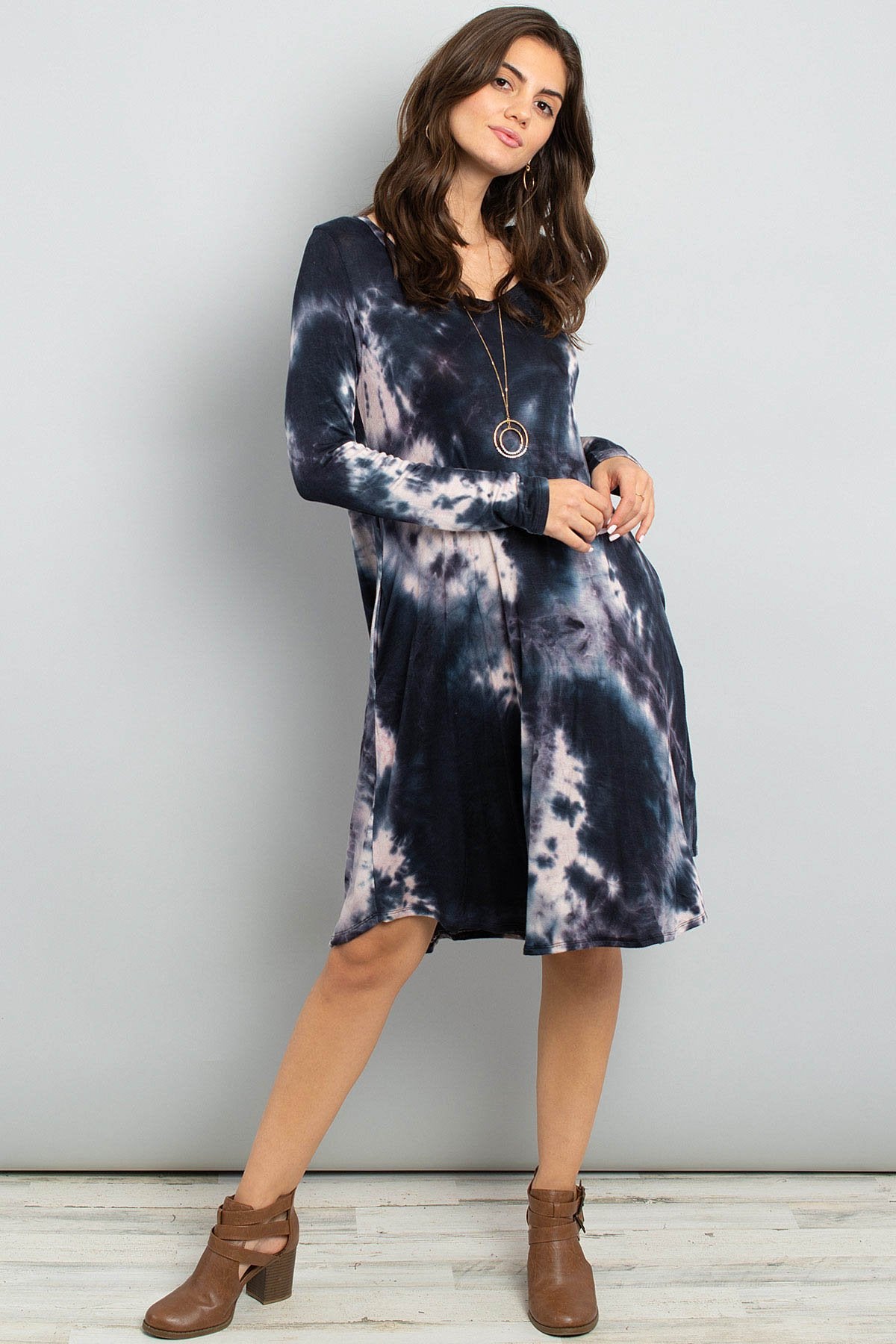 Tie Dye V-Neck Rounded Hem Midi Dress