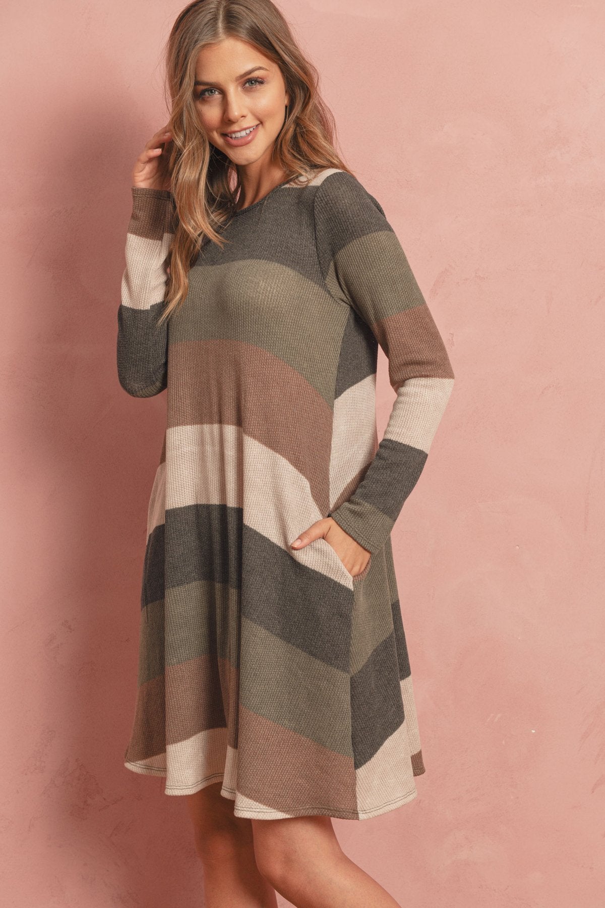 Long Sleeved Rib Stripe Pocket Dress