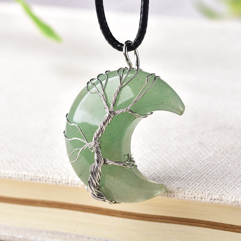 1PC Natural Crystal Pendant Tree of Life Moon Shape Reiki Polished Mineral Jewelry Healing Stone for Men Women Jewelry Gift