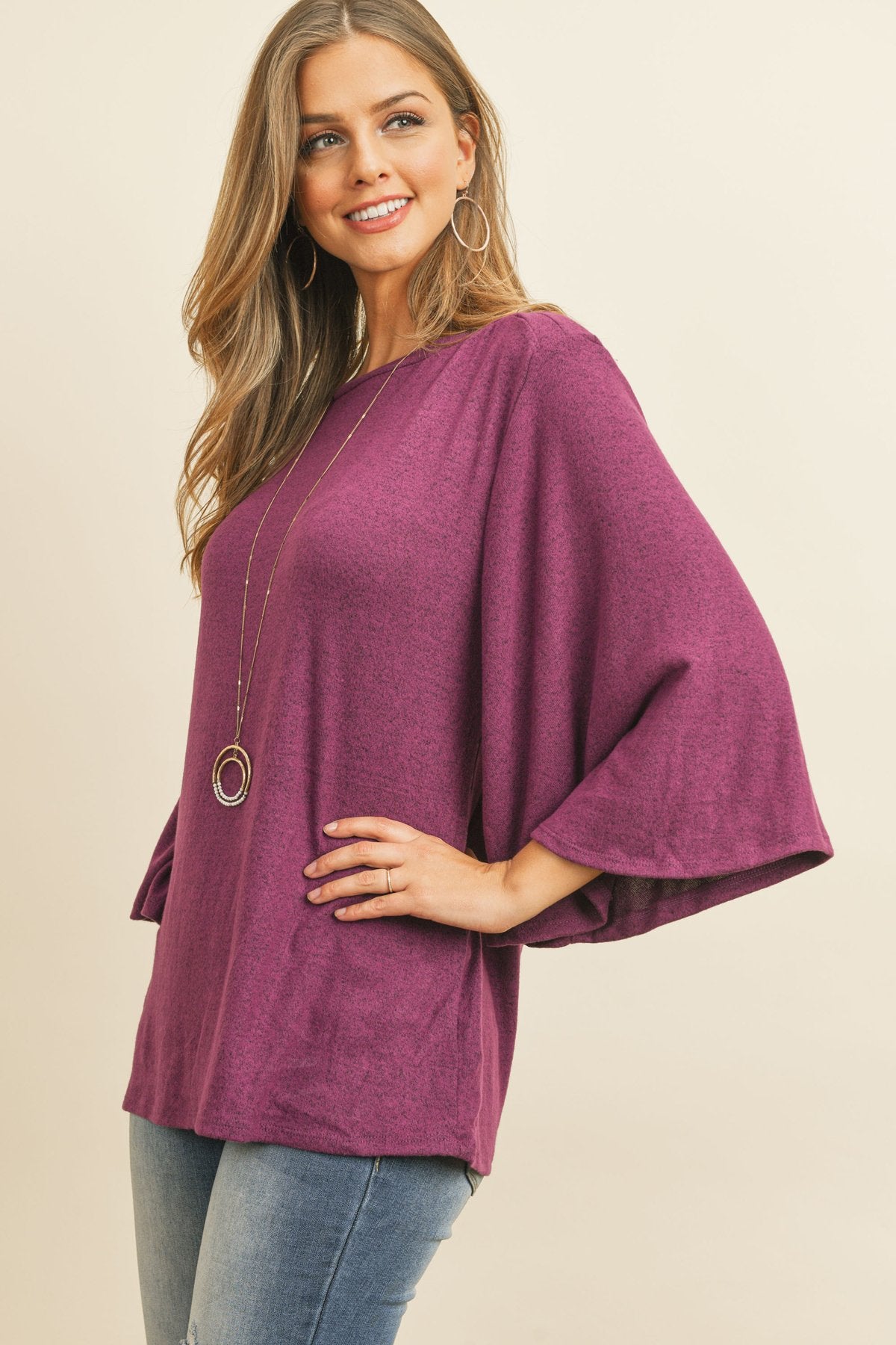 Boat Neck Bell Sleeve Solid Hacci Brushed Top