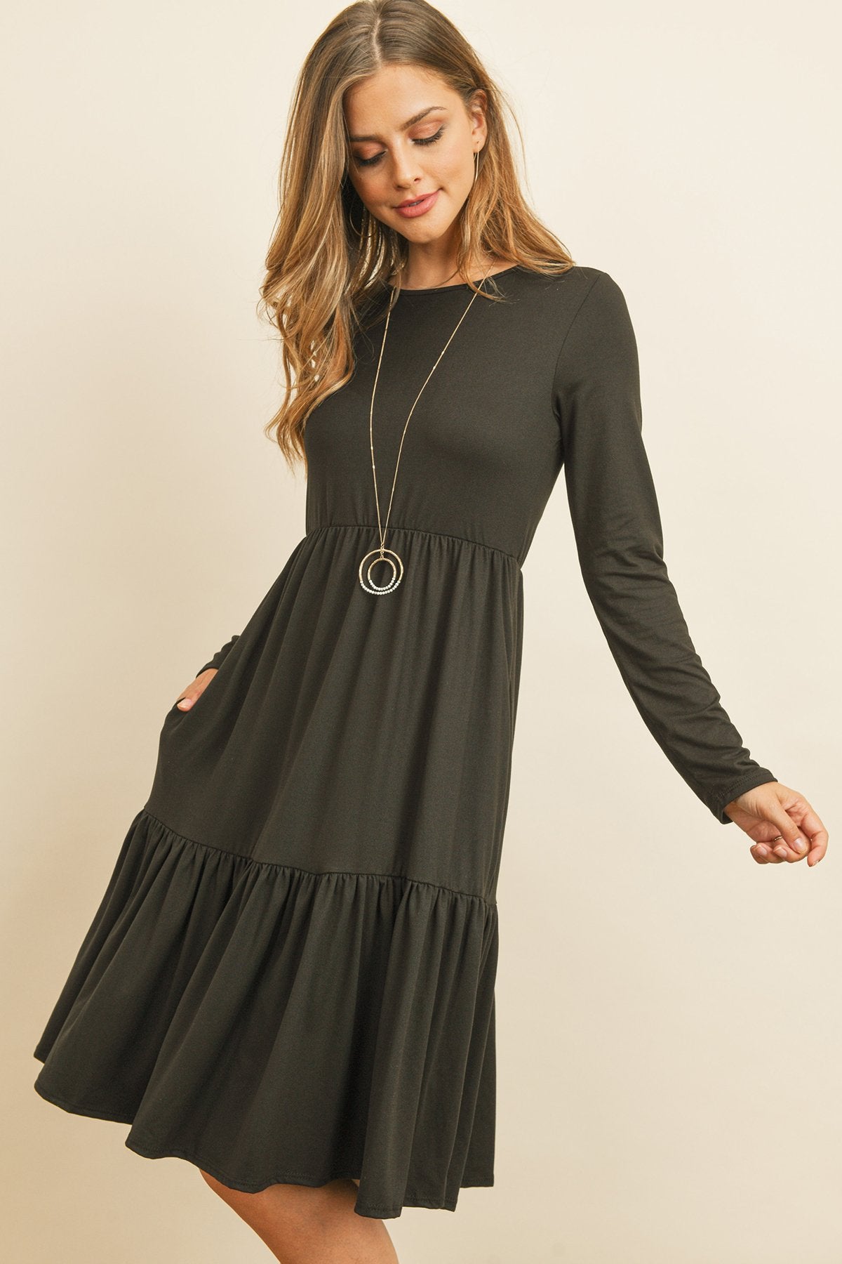 Solid Long Sleeve Double Layered Ruffle Dress