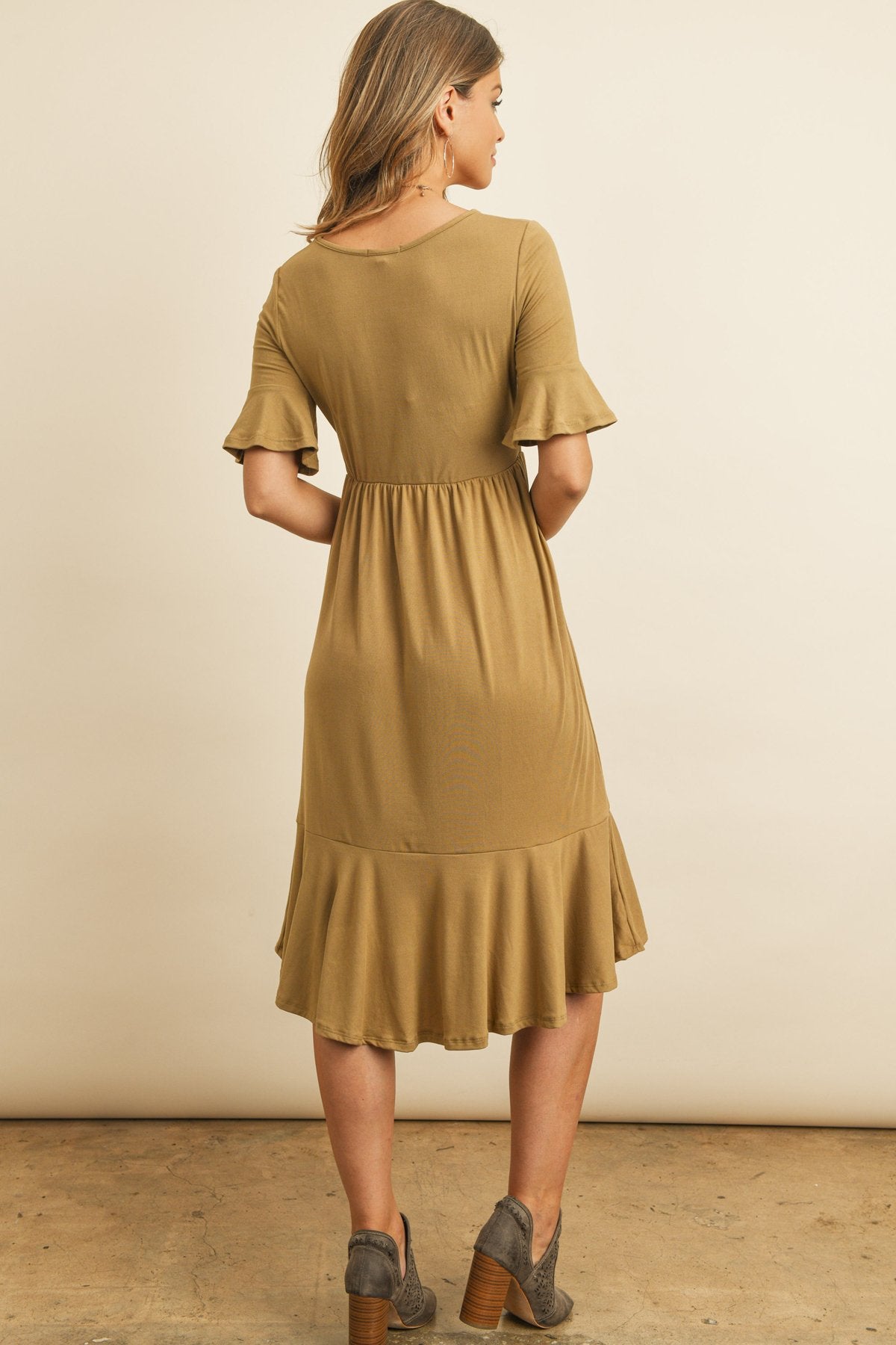 Solid Cinch Waist Ruffle Dress