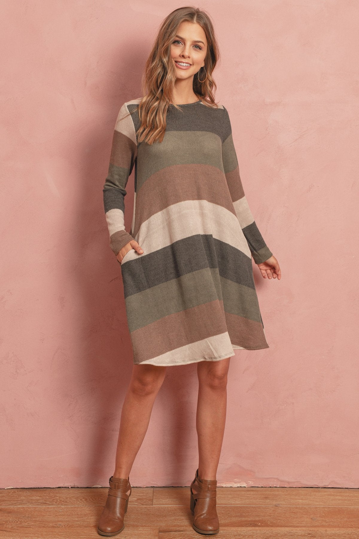 Long Sleeved Rib Stripe Pocket Dress