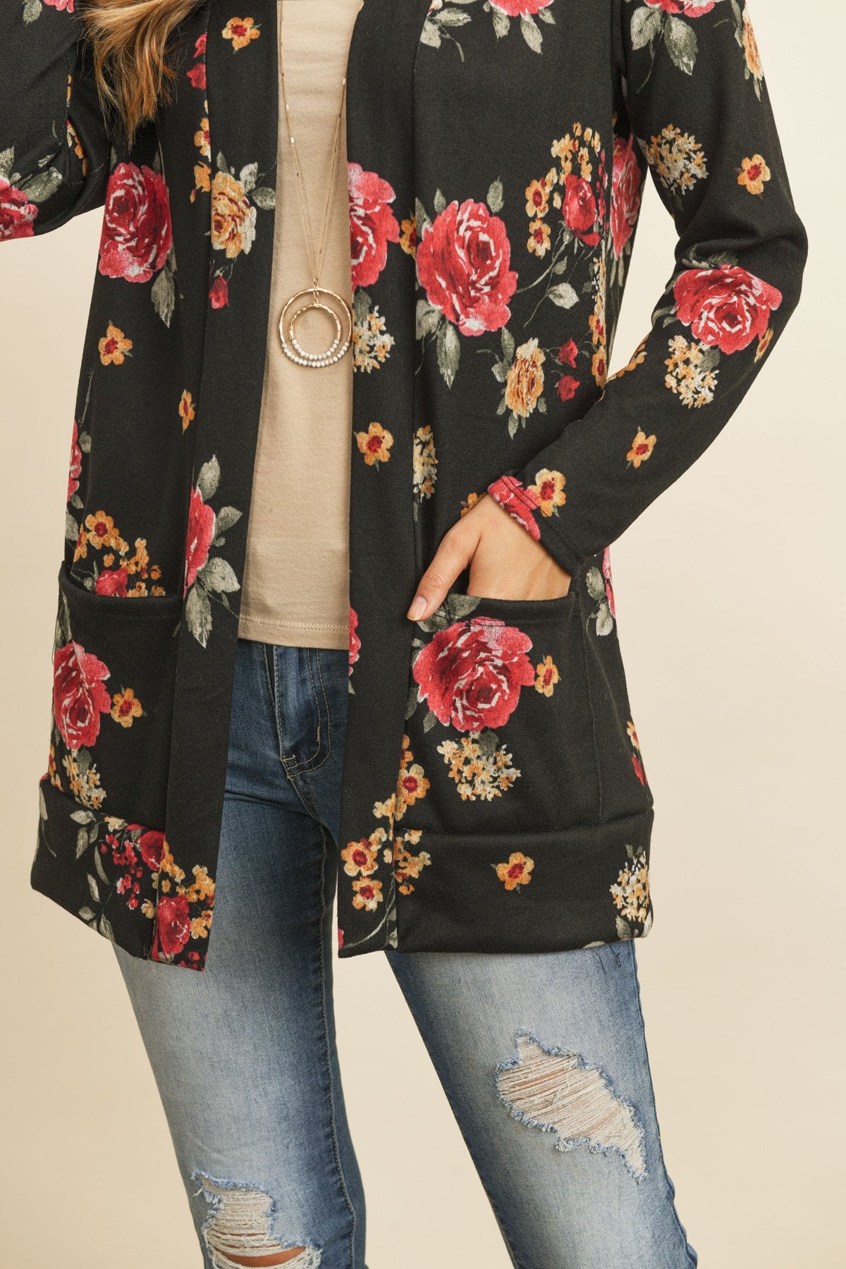 Floral Print Brushed Hacci Cardigan With Pockets