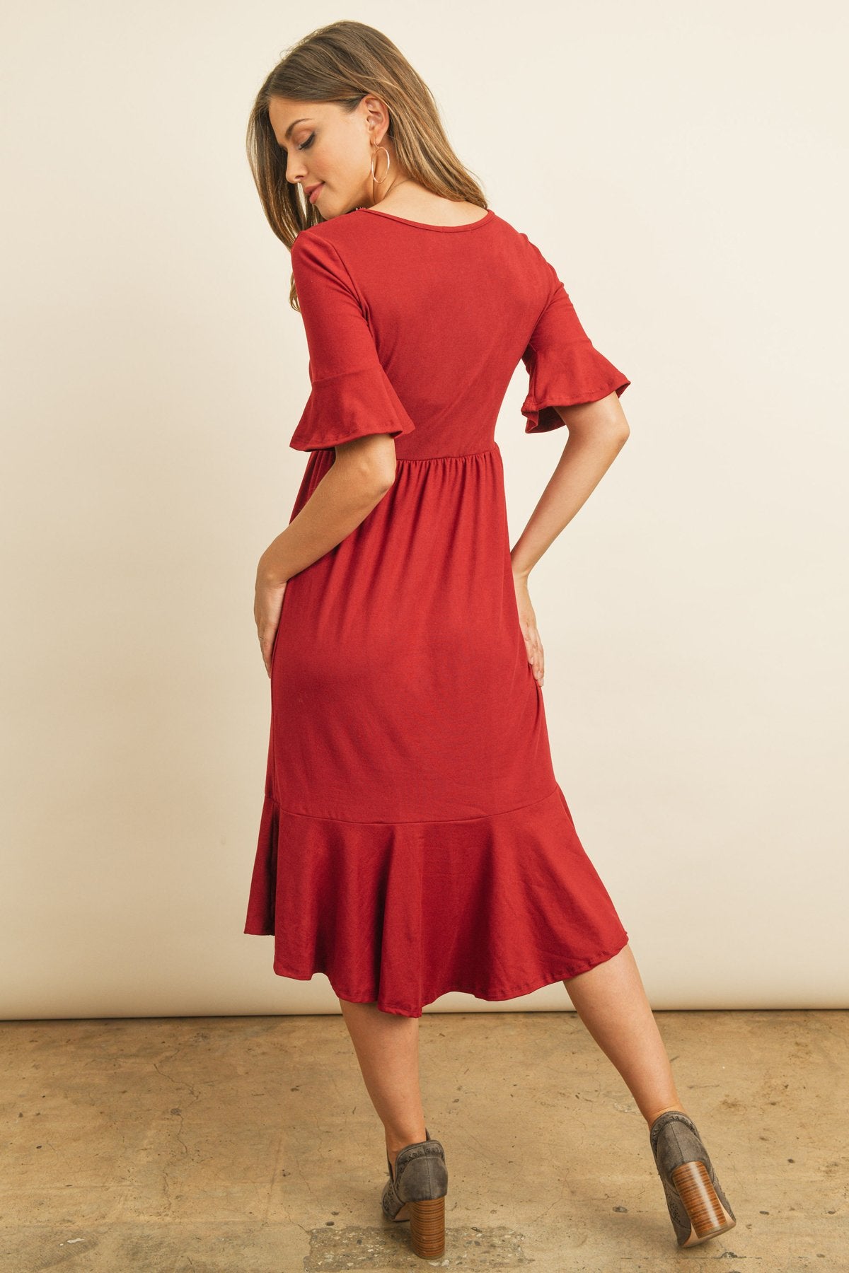 Solid Cinch Waist Ruffle Dress