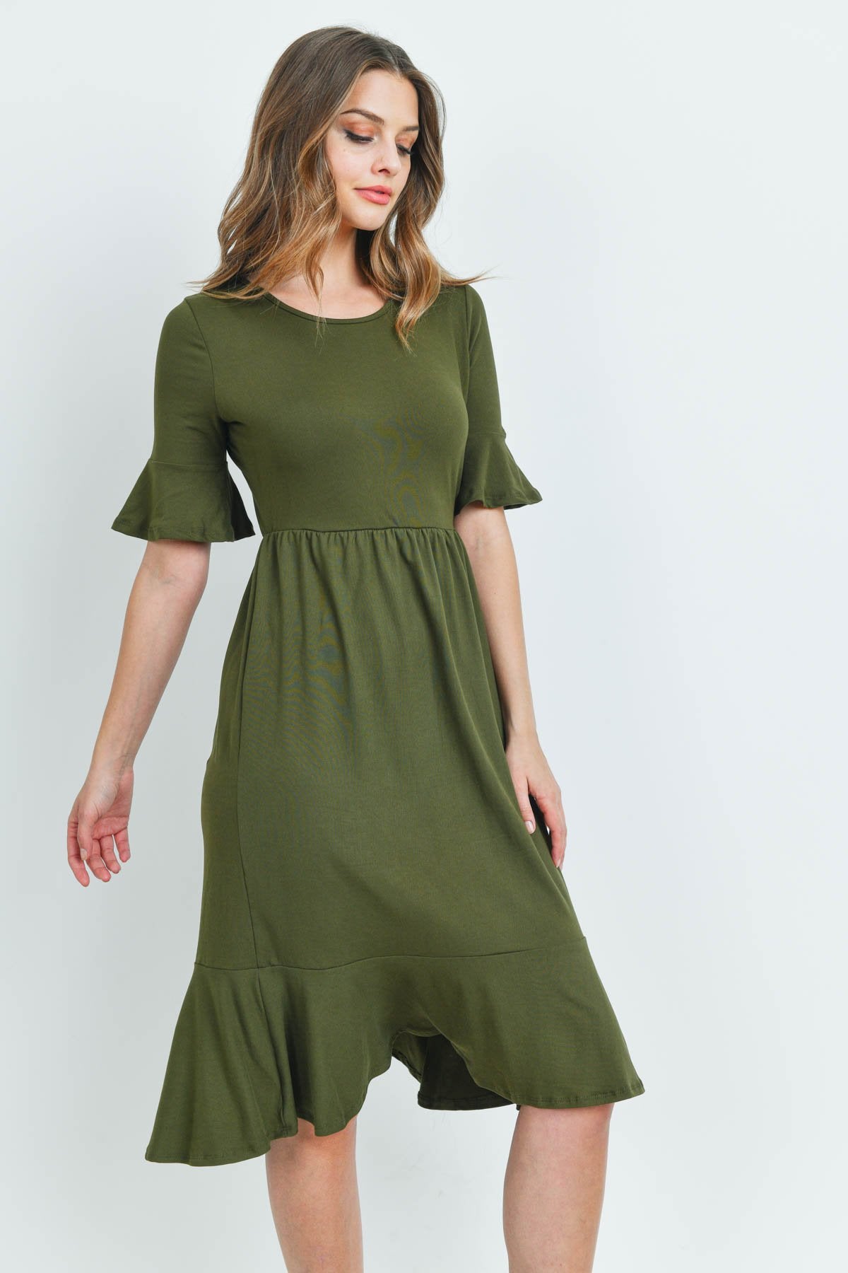 Solid Cinch Waist Ruffle Dress