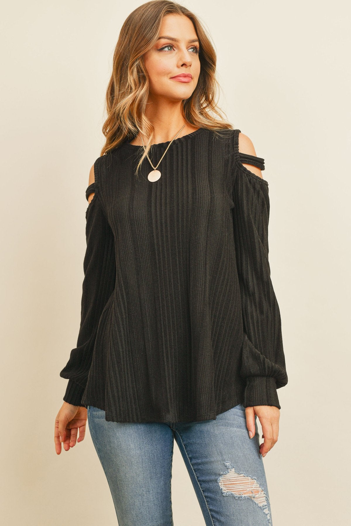 Ladder Open Should Long Sleeved Rib Detail Top