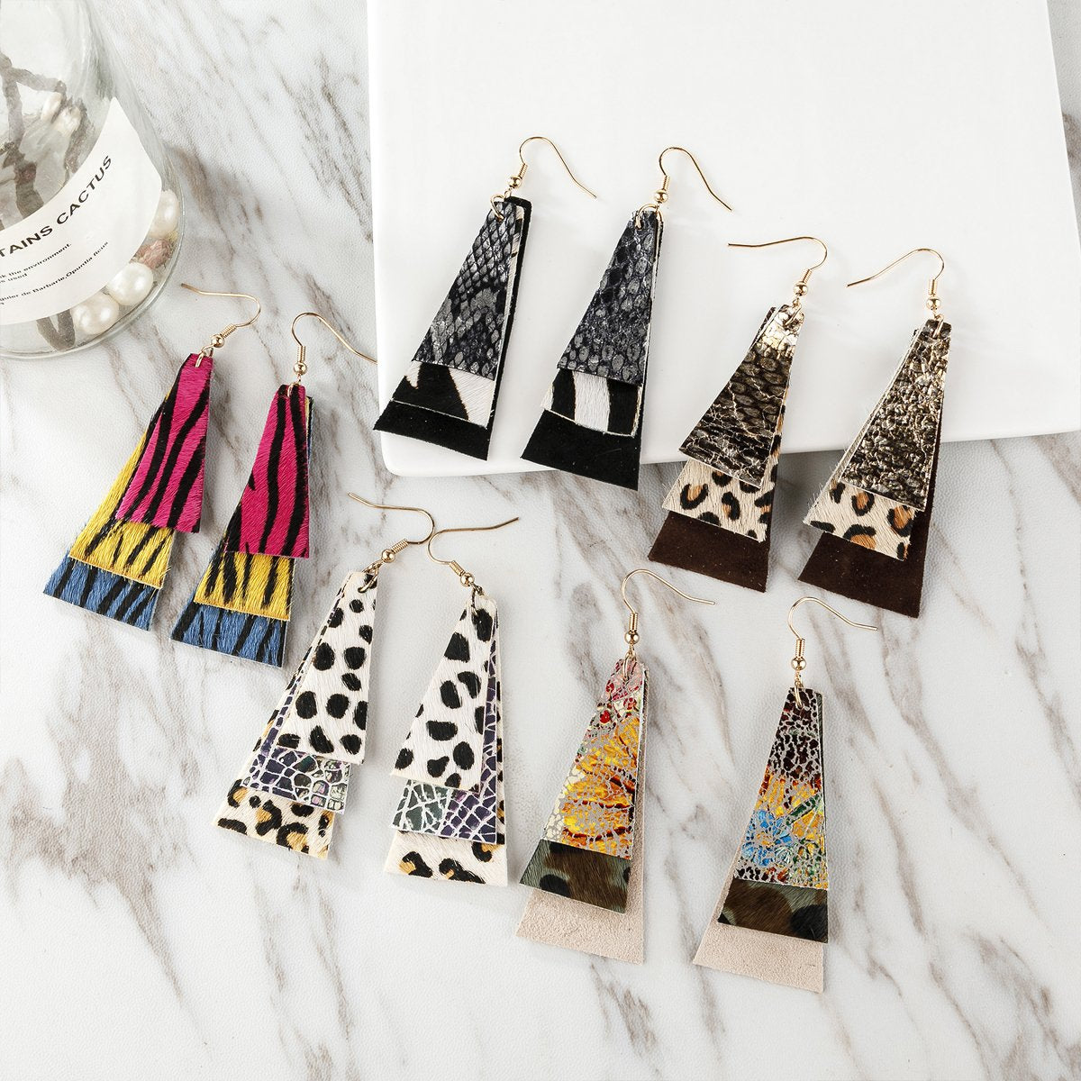 Hde2890 - Animal Print Layered Leather Trapezoid Hook Earrings