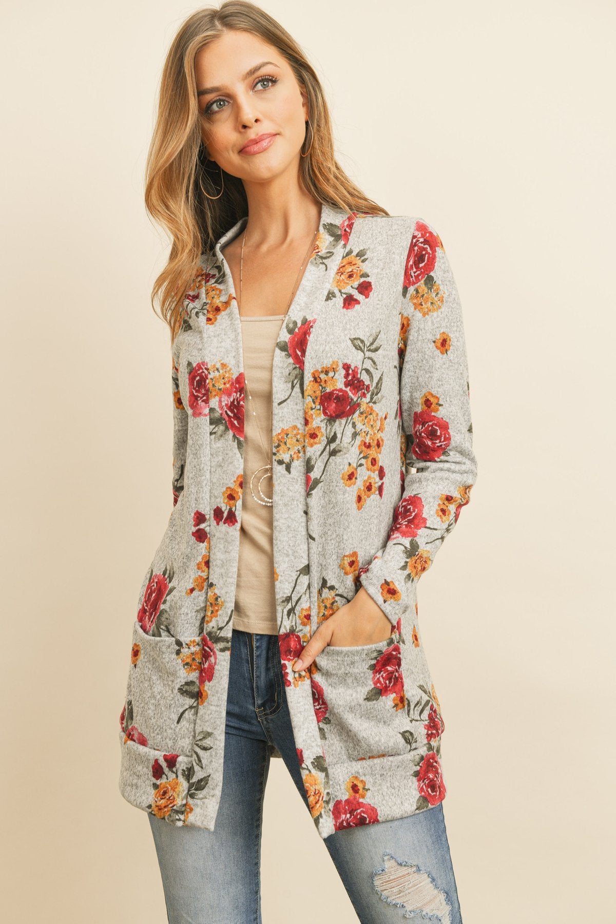 Floral Print Brushed Hacci Cardigan With Pockets