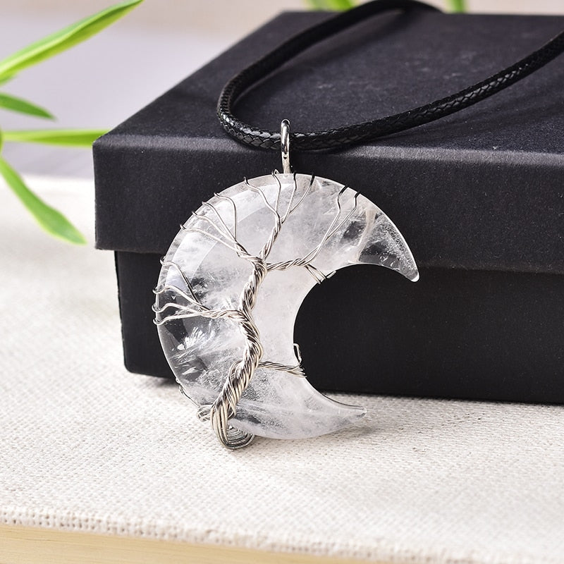 1PC Natural Crystal Pendant Tree of Life Moon Shape Reiki Polished Mineral Jewelry Healing Stone for Men Women Jewelry Gift