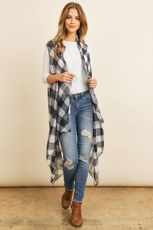 Hdf2567bk - Black Plaid Knee Length Kimono Cardigan