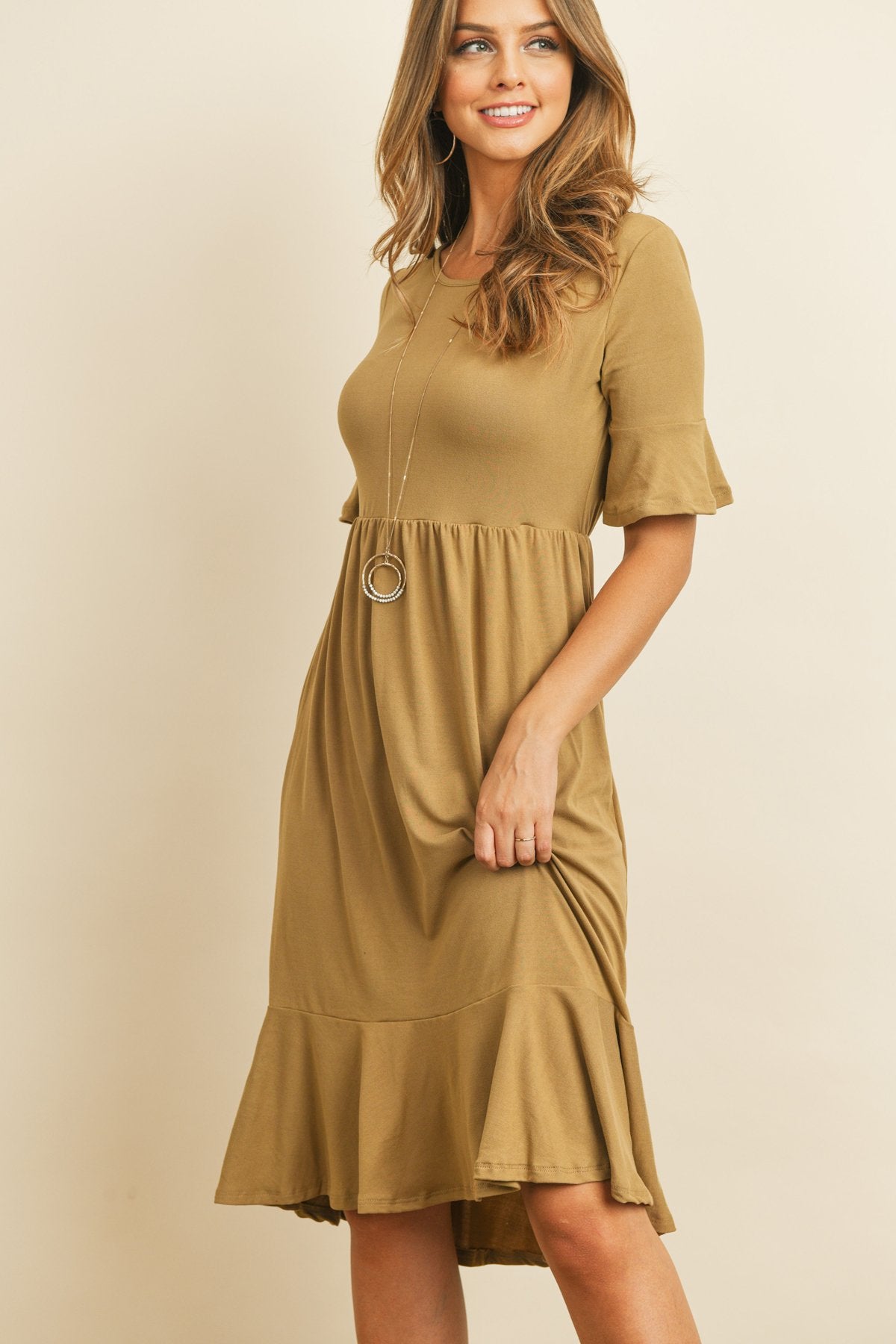 Solid Cinch Waist Ruffle Dress