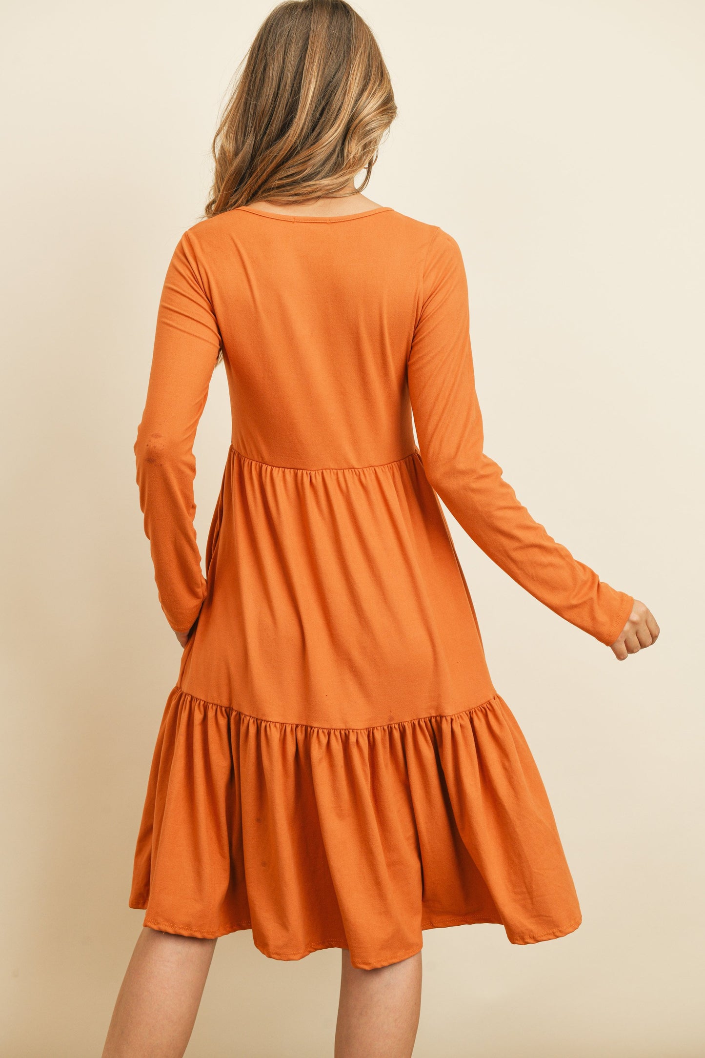 Solid Long Sleeve Double Layered Ruffle Dress