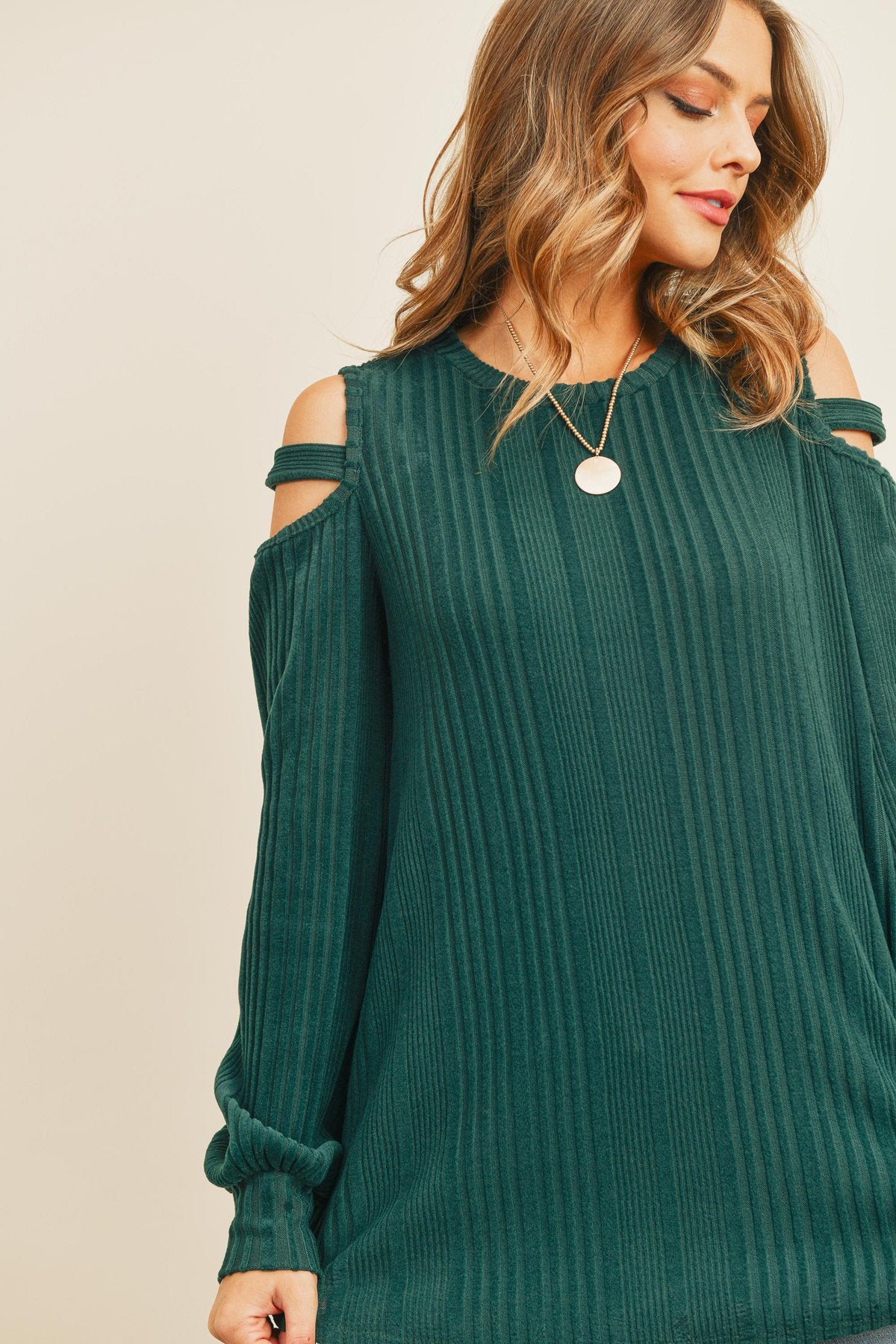 Ladder Open Should Long Sleeved Rib Detail Top