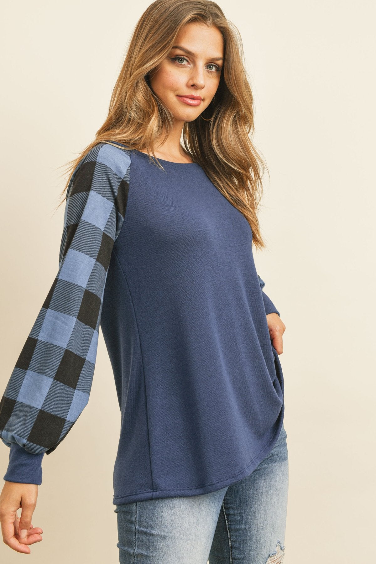 Plaid Puff Sleeved Round Neck Top