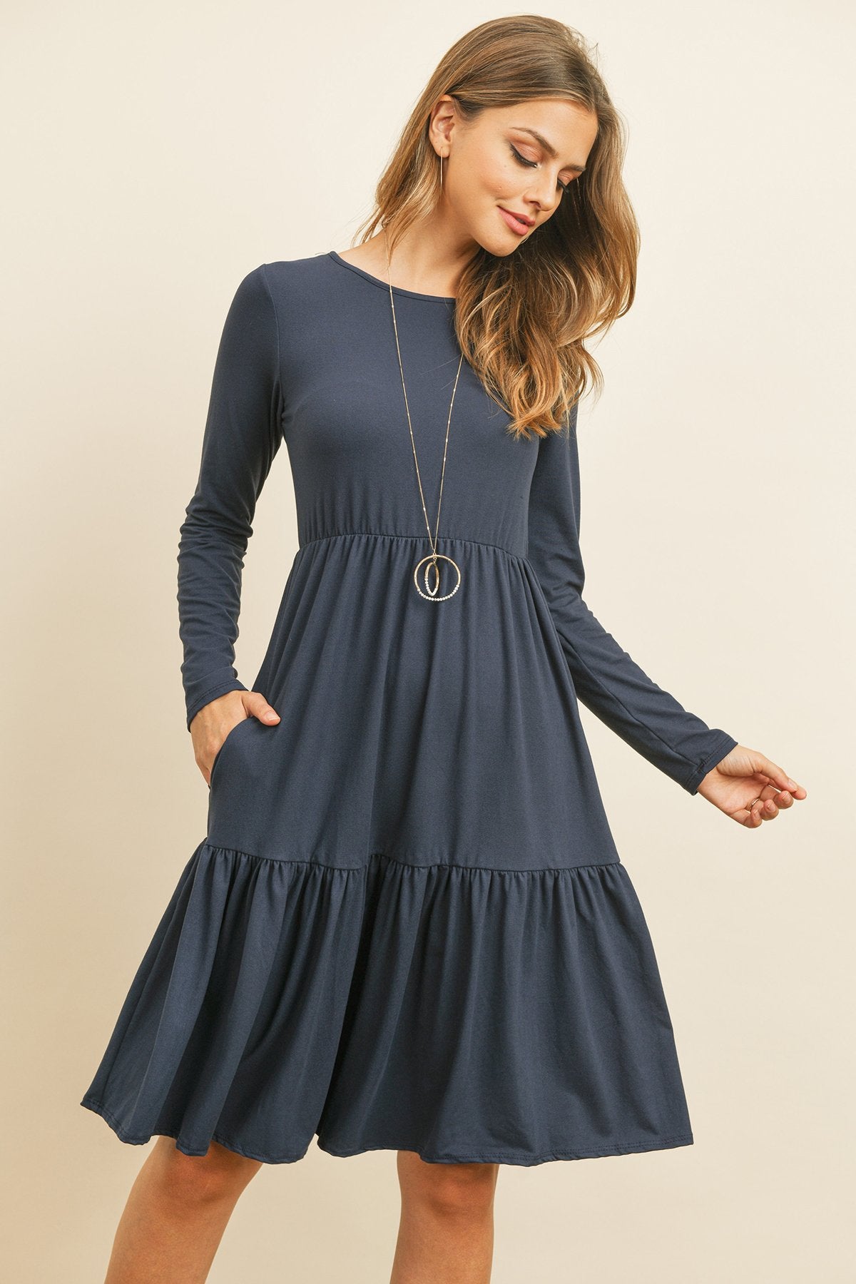 Solid Long Sleeve Double Layered Ruffle Dress