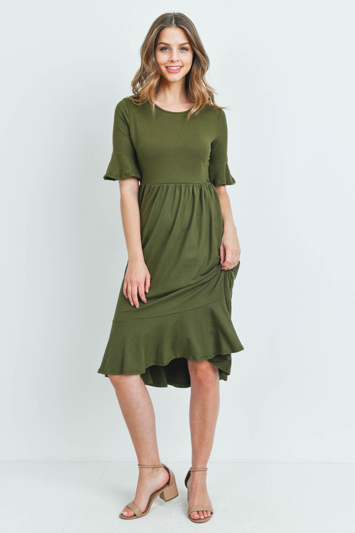 Solid Cinch Waist Ruffle Dress