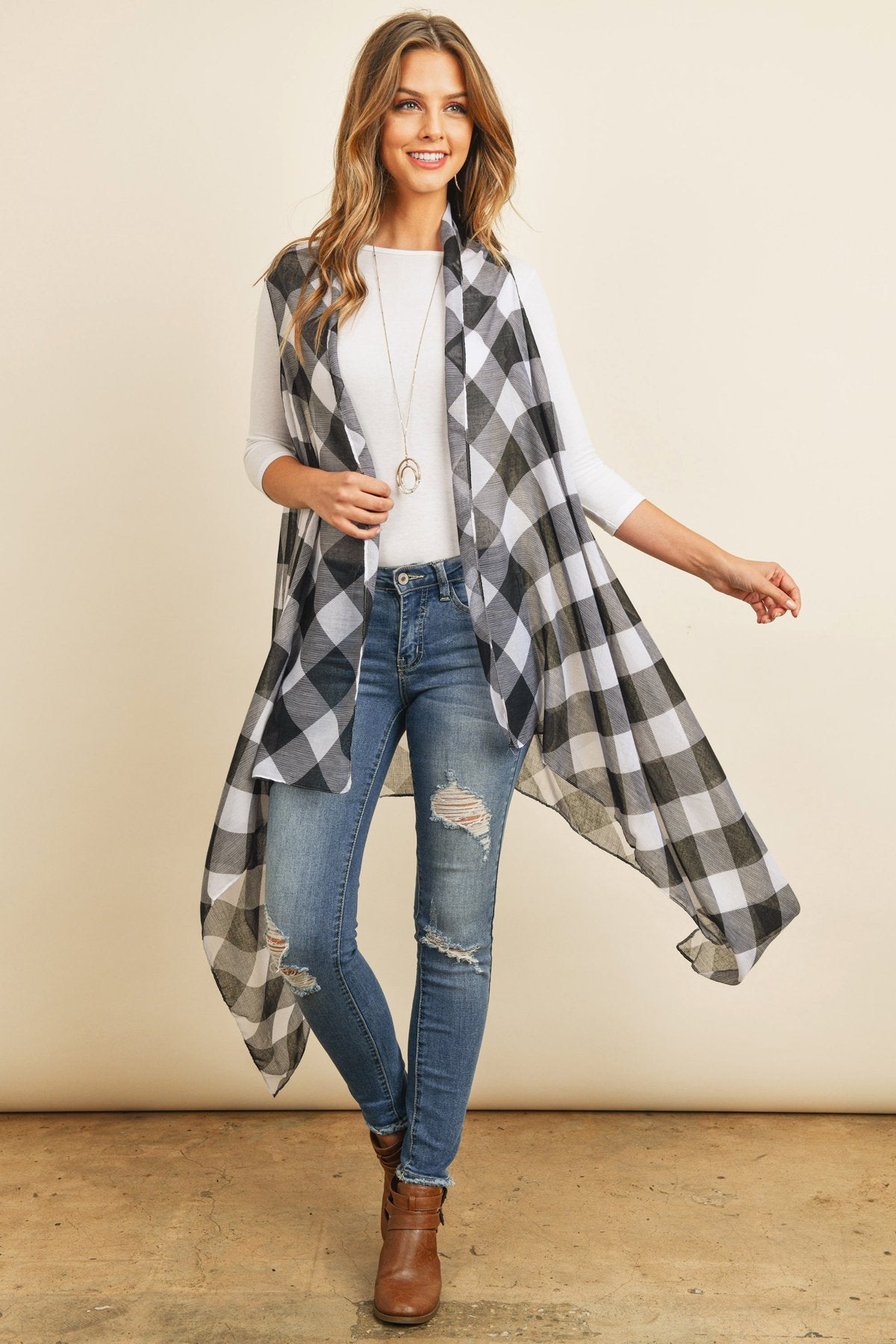 Hdf2567bk - Black Plaid Knee Length Kimono Cardigan