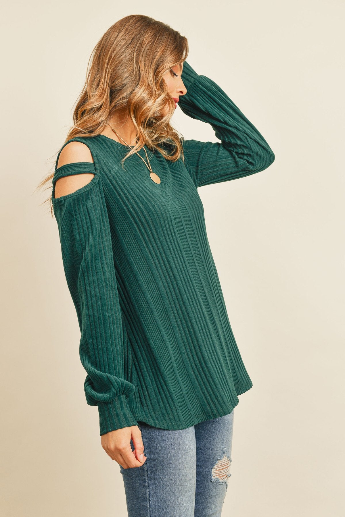 Ladder Open Should Long Sleeved Rib Detail Top