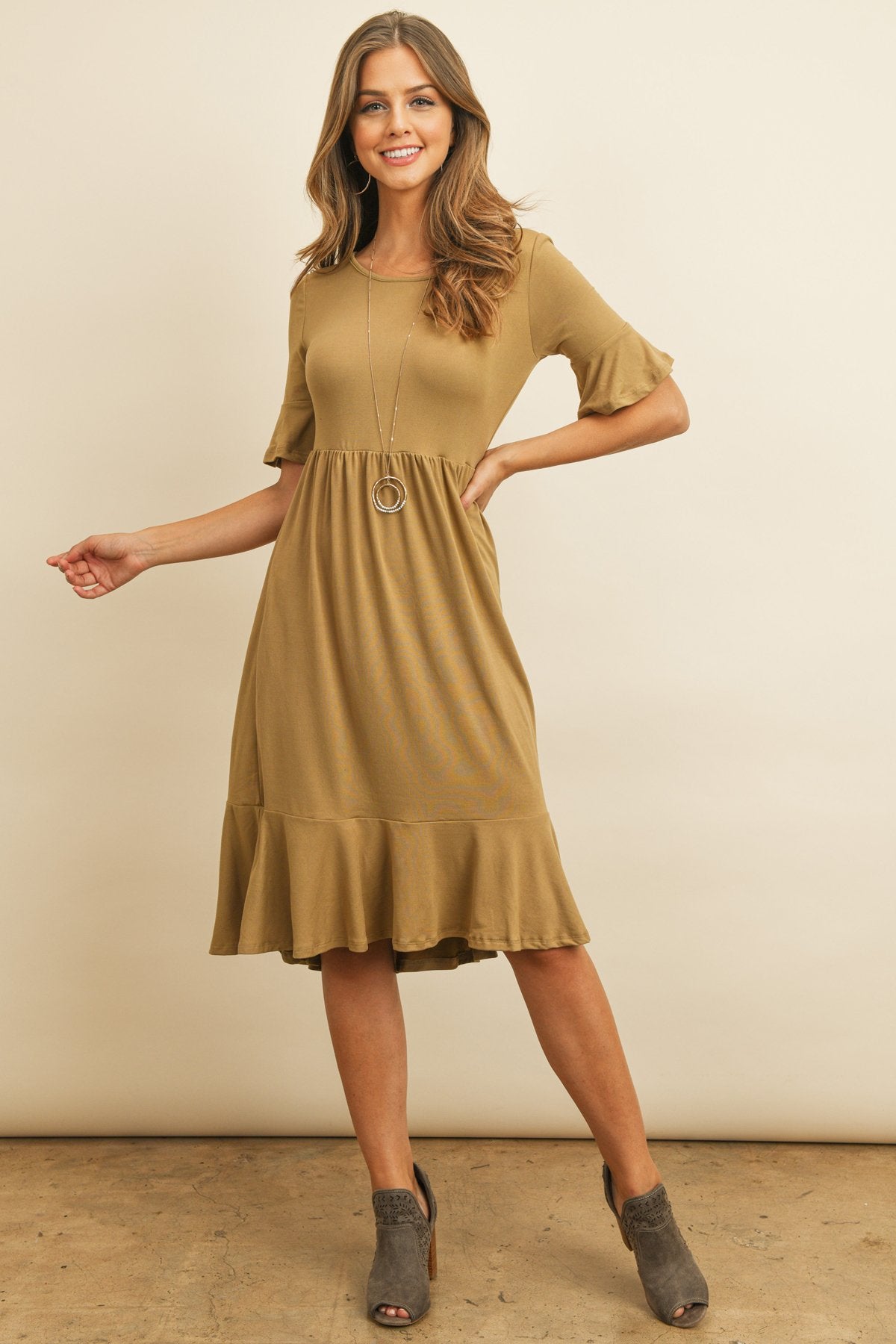 Solid Cinch Waist Ruffle Dress