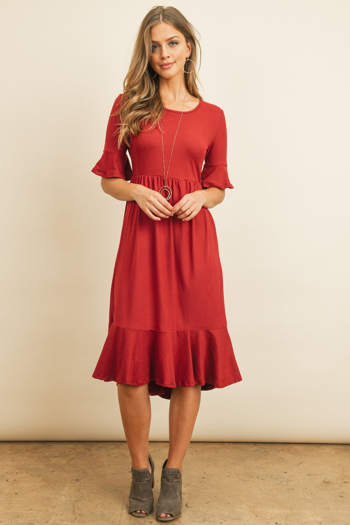 Solid Cinch Waist Ruffle Dress